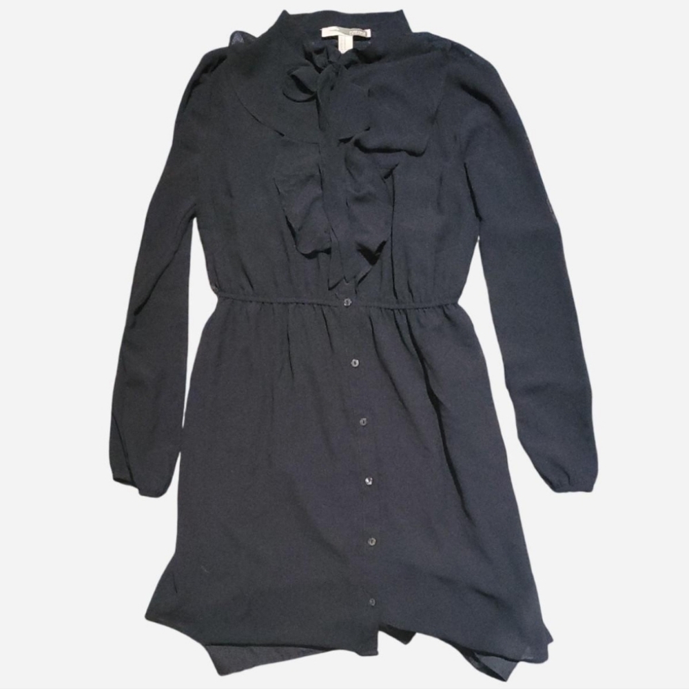 forever 21 ruffle neck button up sheer midi dress with tie-neck collar and built